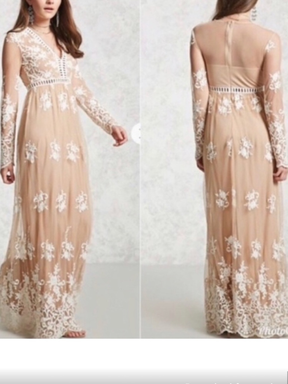Forever 21 Nude Lace Long Sleeve Maxi Dress with White Embroidery - Picture 2 of 4